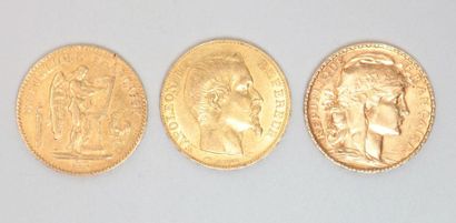 null Trois pièces de 20 francs or : Génie 1848 A / Napoléon III 1855 A / Coq 1909...