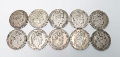 null Dix pièces de 5 francs en argent Louis Philippe I, 1832 (x2), 1833, 1834, 1835,...