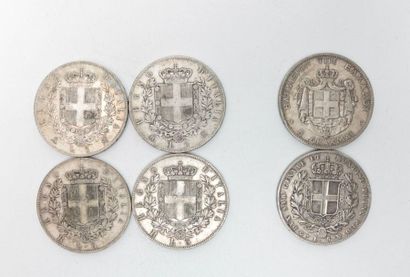 null Six pièces en argent : 4 pièces de 5 Lire Emmanuel II (1872, 1874, 1876, 1878),...