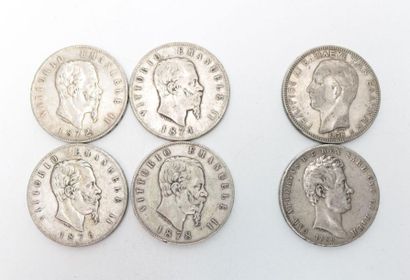 null Six pièces en argent : 4 pièces de 5 Lire Emmanuel II (1872, 1874, 1876, 1878),...