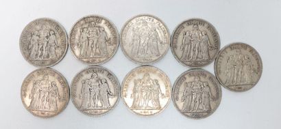 null Neuf pièces de 5 francs Hercule, 1848, 1873, 1874, 1875 (x2), 1876 (x2), 1877...