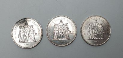 null Trois pièces commémoratives de 50 francs en argent, 1976, 1977 et 1979 - 90...