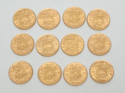 null Douze pièces de 20 francs suisse en or 1935 - 77,3 g 