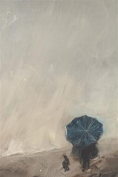 null Paysage animé au personnage au parapluie, huile sur toile. 55 x 46 cm