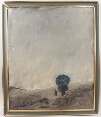 null Paysage animé au personnage au parapluie, huile sur toile. 55 x 46 cm