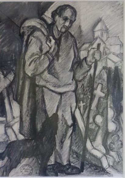 null RAGEADE André (1890-1978) Homme au cimetière, dessin - 30 x 45 cm (vente de...