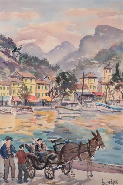 null HOURREGUE Jean (1925-1983) Port du Pays Basque (?) aquarelle signée en bas à...
