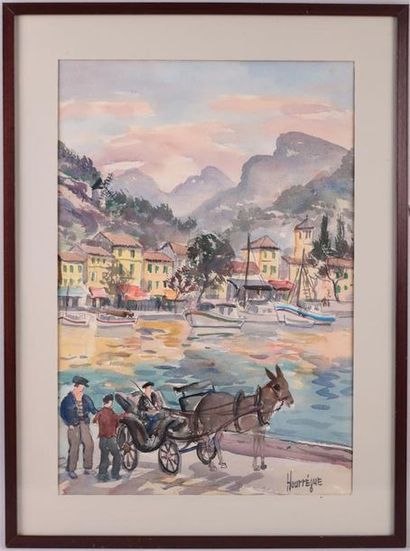 null HOURREGUE Jean (1925-1983) Port du Pays Basque (?) aquarelle signée en bas à...
