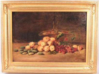 null Nature morte au panier d'abricots et cerises, huile sur toile monogrammée LJ...