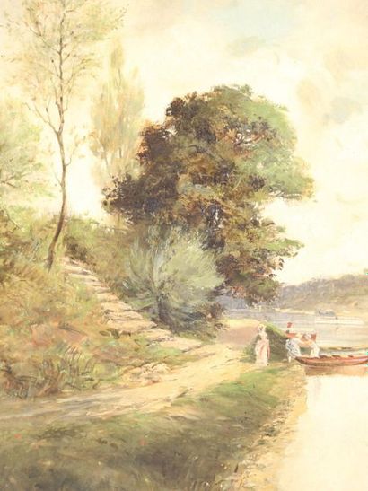 null D'ALÉSI Hugo (1849-1906) Paysage bord de lac avec barque et personnages - Huile...