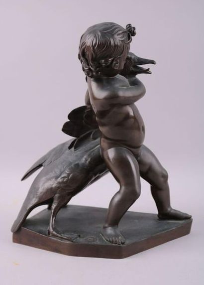 null Enfant avec une oie, Sujet en bronze, cachet réduction Collas - H. 27 cm