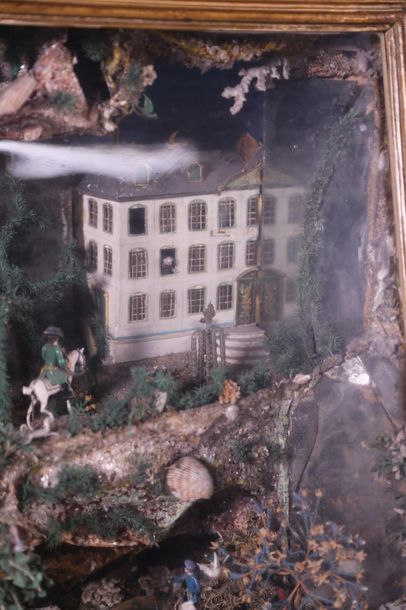 null Boîte vitrine contenant un diorama représentant un paysage animé de personnages...