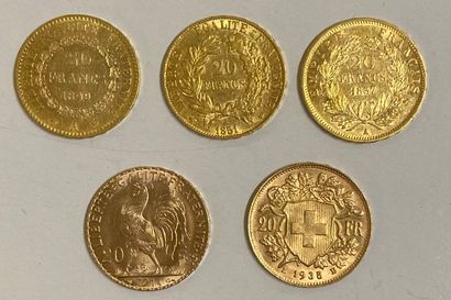  * Cinq pièces de 20 Francs or : Génie 1849 A, IIe République 1851 A, Napoléon III...