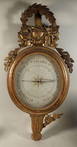 null Baromètre thermomètre Louis XVI en bois doré et sculpté, marqué L'INGEN CHEVALLIER,...