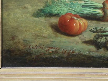 null Jean CALVINI Nature morte aux légumes, huile sur toile signée en bas à gauche...