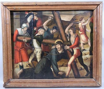 null Ecole espagnole vers 1600 - La montée du Christ au Calvaire - Panneau de bois...