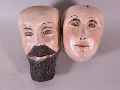 null Masque d'homme à la moustache et barbe en bois sculpté polychrome, XIXe - H....
