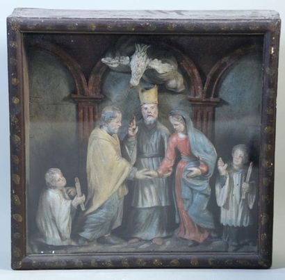 null Sujet « Liens du sacrement » en bois polychrome sous verre, XVIIIe - 38 x 39...