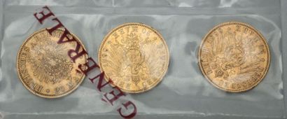 null Trois pièces de 20 marks Wilhelm II 1883 / 1899 (x2), sous pochette plastique...