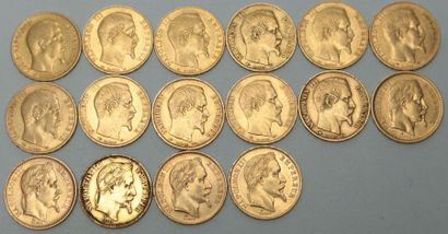 null Seize pièces en or 20 Francs Napoléon III : 1852 / 1854 (x2) / 1855 (x3) / 1856...