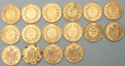 Seize pièces en or 20 Francs Napoléon III...