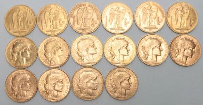 null Seize pièces de 20 francs or Troisième République : 1876 / 1877 / 1887 / 1897...
