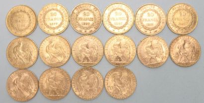 Seize pièces de 20 francs or Troisième République...