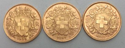 null Trois pièces de 20 Francs suisse 1935 / 1947 / 1949 - 19.36 g 