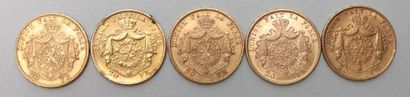 null Cinq pièces de 20 francs belges Léopold II - 1871 / 1874 / 1875 / 1876 / 1878...