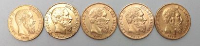 Cinq pièces de 20 francs belges Léopold II...