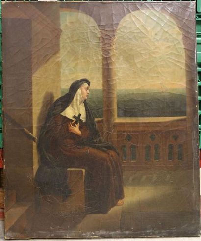 null Ecole Française du 19e - Abbesse dans un cloître - Toile d'origine - 46 x 38...
