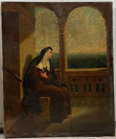 null Ecole Française du 19e - Abbesse dans un cloître - Toile d'origine - 46 x 38...