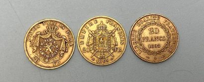null Trois pièces de 20 francs or : Napoléon III 1865 - 1898 - Léopold II 1870 -...