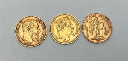 Trois pièces de 20 francs or : Napoléon III...