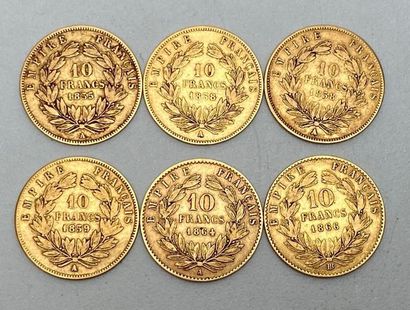 null Six pièces de 10 francs or Napoléon III : 1855 / 1858 (x2) / 1859 / 1864 / 1866...