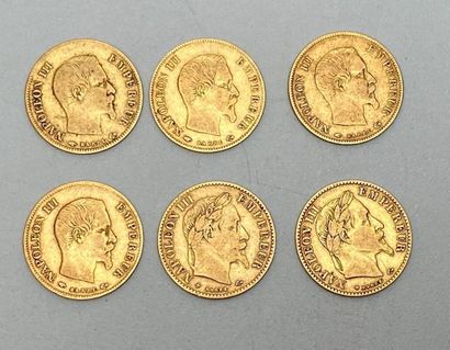 null Six pièces de 10 francs or Napoléon III : 1855 / 1858 (x2) / 1859 / 1864 / 1866...