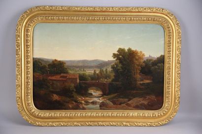 null PONTHUS-CINIER Claude Antoine (1812-1885) Paysage au pont, - huile sur toile...