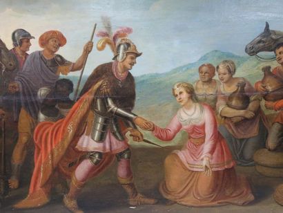 null Ecole Flamande vers 1620 - La rencontre d'Eliezer et Rebecca - Panneau de chêne,...