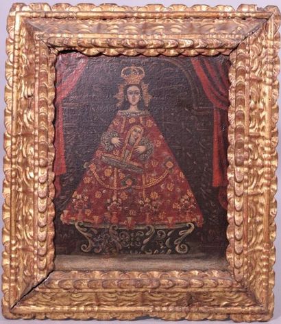null Ecole de Cuzco (dans le gout de) Vierge à l'enfant, - Huile sur toile - 41 x...