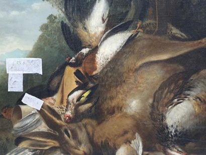 null Jean CALVINI Nature morte au lièvre et oiseaux, huile sur toile signée en bas...