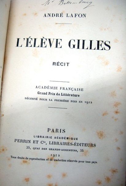 null LAFON (André). L'Elève Gilles. - Paris, Perrin, 1912 - In 16 : 280 p. - Demi-chagrin...