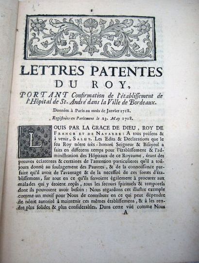 null [Hôpital Saint André]. Lettres patentes du Roy portant confirmation de l'établissement...