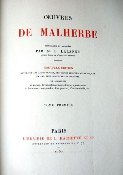 null RACINE (Jean). OEuvres. Paris, L. Hachette, 1865-1873. 10 vol. gd in-8 dont...