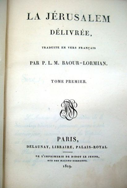 null LE TASSE. La Jérusalem délivrée traduite en vers français par P.L.M. Baour-Lormian....