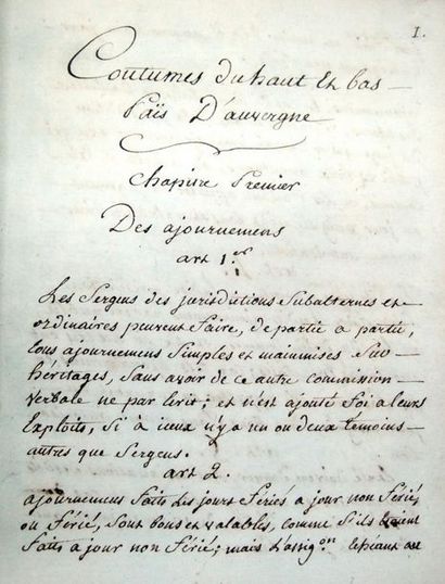 null [Manuscrit]. Coutumes générales de la province d'Auvergne. S.l.n.d. (vers 1750)....
