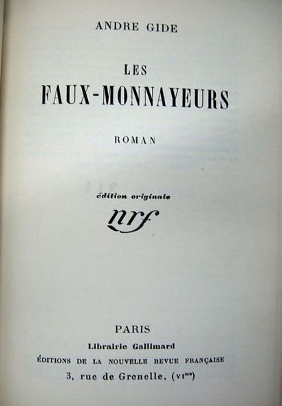 null GIDE (André). Les Faux-monnayeurs. Paris, nrf Gallimard, 1925. In-8, 503 p.,...