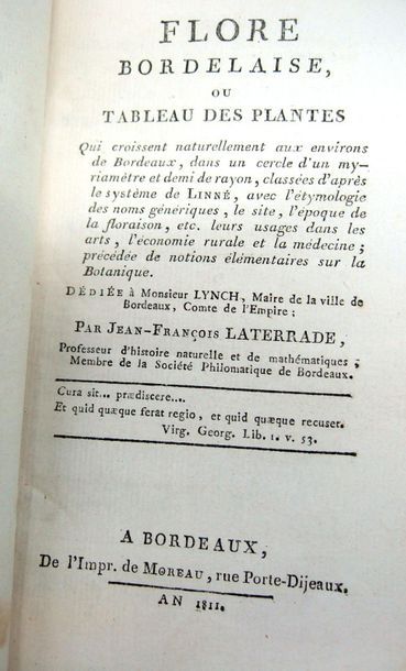 null LATERRADE (Jean-François). Flore bordelaise. Bordeaux, Moreau, 1811. In-12,...