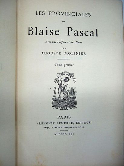 null PASCAL (Blaise). Les provinciales. Paris, A. Lemerre, 1891. 2 forts vol. in-8,...