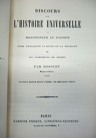 null BOSSUET. Discours sur l'histoire universelle. Paris, Garnier, s .d. In-8, 428...