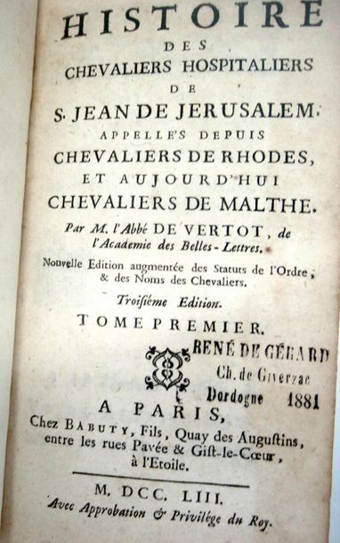 null VERTOT (René Aubert de). Histoire des Chevaliers hospitaliers de S. Jean de...